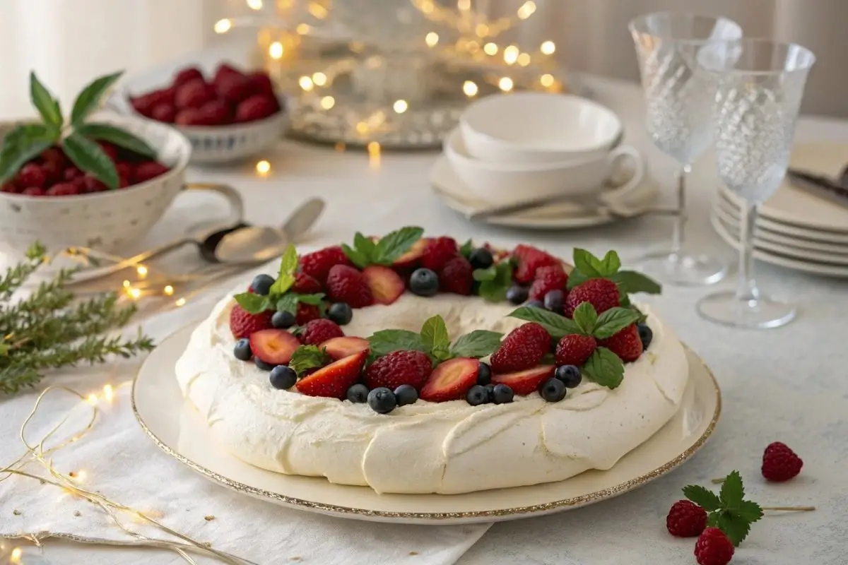 Pavlova Wreath with Berries: crispy meringue topped with whipped cream and fresh berries on a white plate.