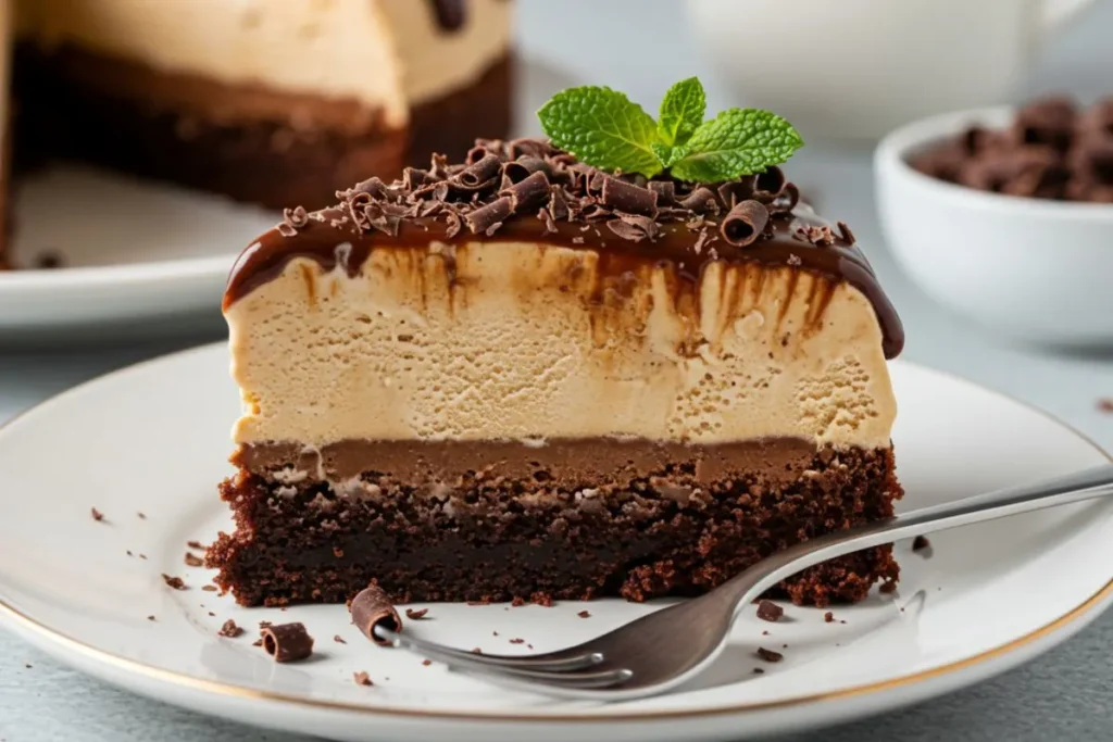 a slice of Mocha Brownie Ice Cream Cake showing layers of brownie, ice cream, and ganache