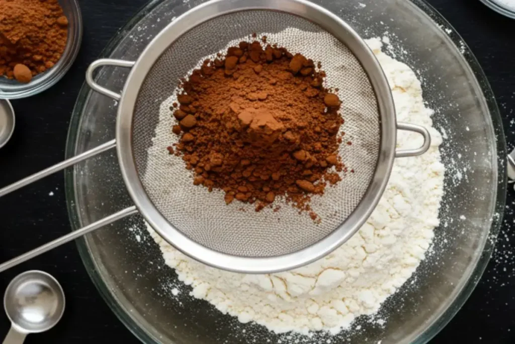 dry ingredients for brownie batter being added to a bowl on a black table