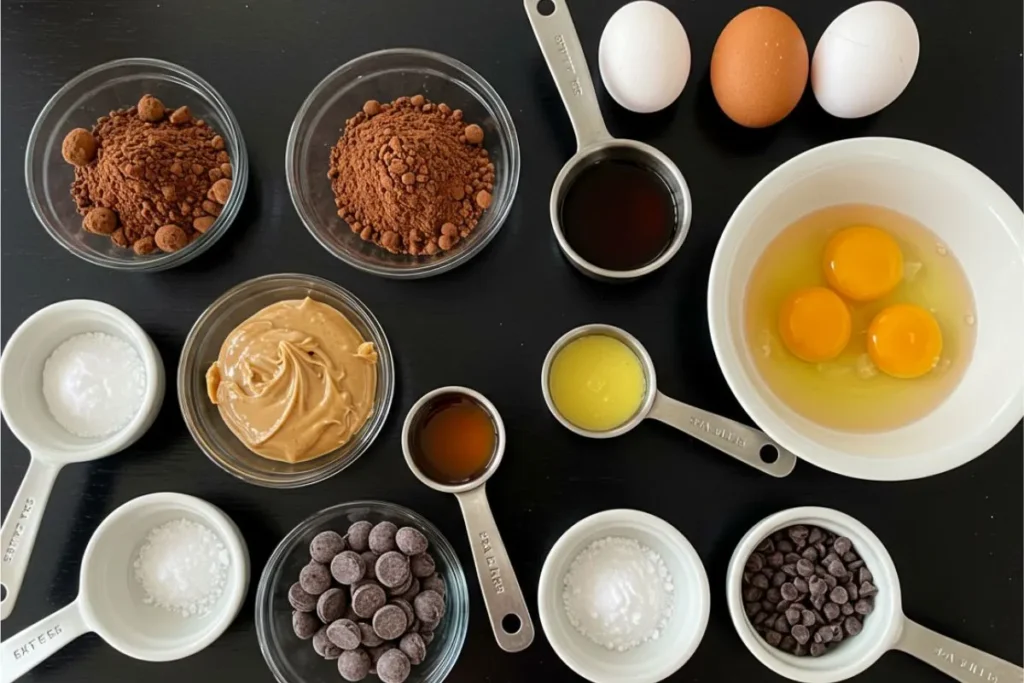 Bright overhead view of almond butter brownie ingredients on a clean black table with bowls and measuring cups.