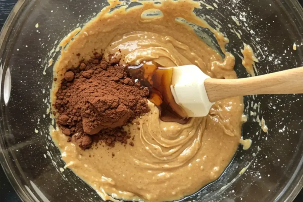 Bright overhead view of almond butter brownie ingredients being mixed in a bowl on a clean black table.