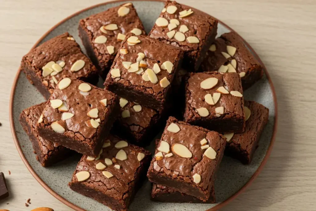 almond butter brownies on a rustic plate with almonds and chocolate chunks on a light wooden table.