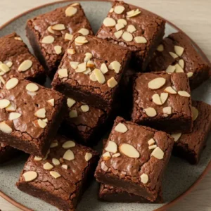 almond butter brownies on a rustic plate with almonds and chocolate chunks on a light wooden table.