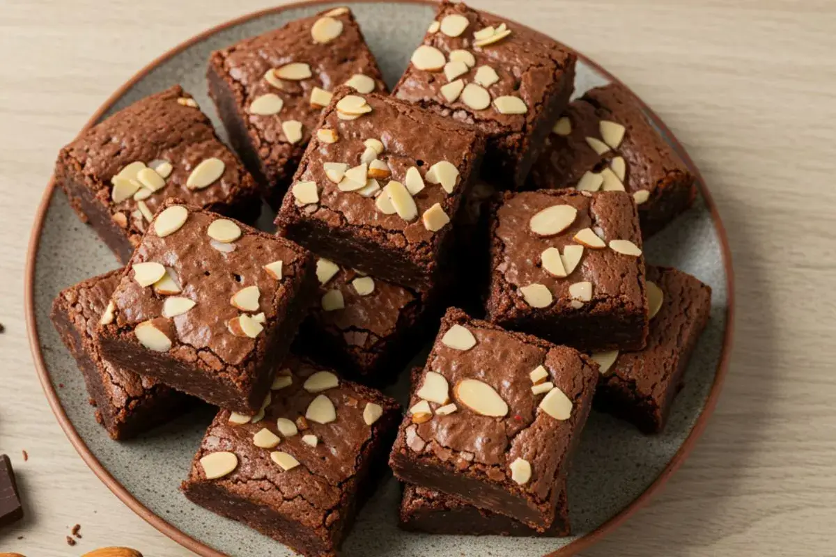 almond butter brownies on a rustic plate with almonds and chocolate chunks on a light wooden table.