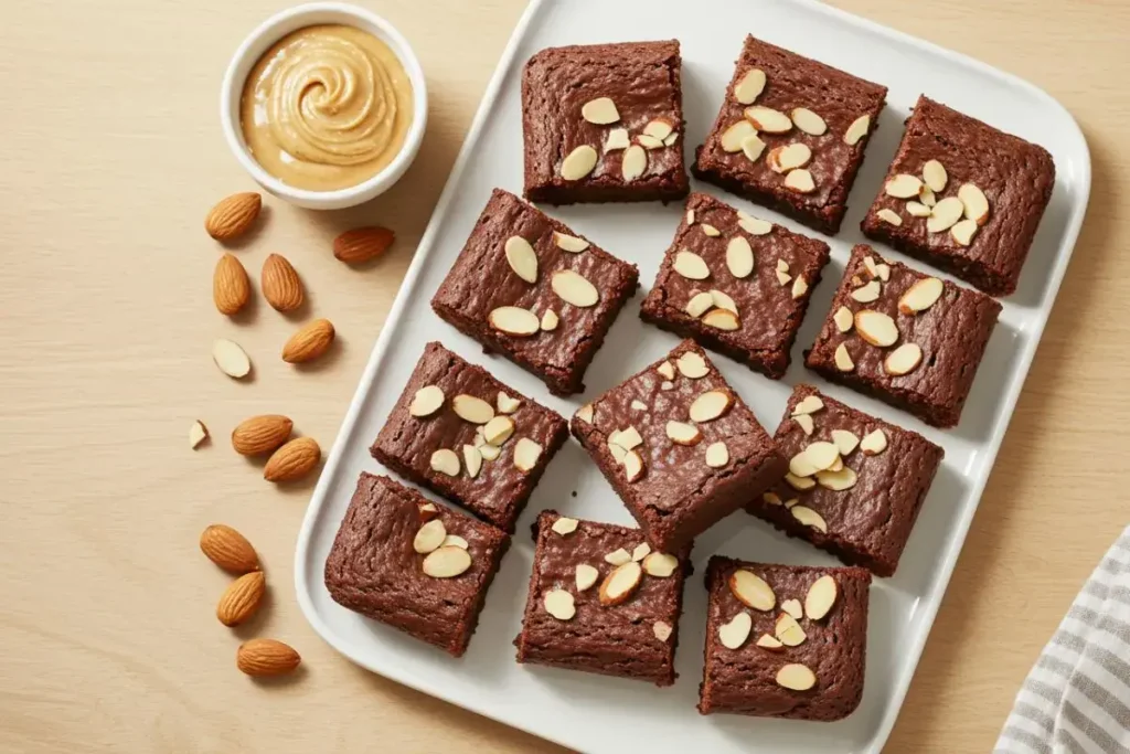 almond butter brownies on a white platter with almond garnish on a light wooden table.