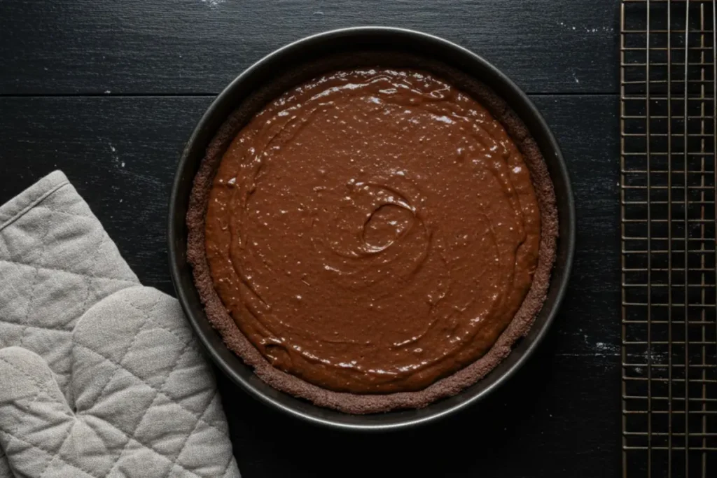 a cake pan with brownie batter on a black table near oven tools