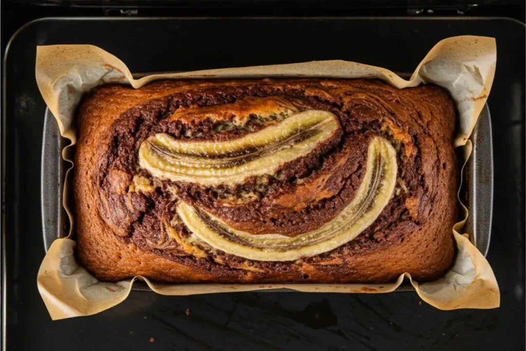 Top-down shot of banana bread baking in the oven, marbled top visible, black table surface below.