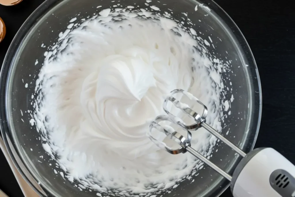 egg whites beaten to stiff peaks in a glass bowl on a black table.