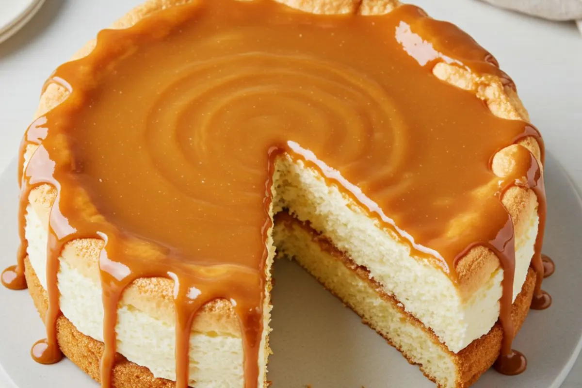 Caramel Cloud Cake with caramel frosting on a bright white table.
