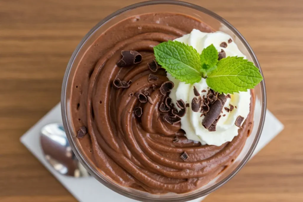 chocolate mascarpone mousse served in clear dessert cups, garnished with chocolate shavings and mint