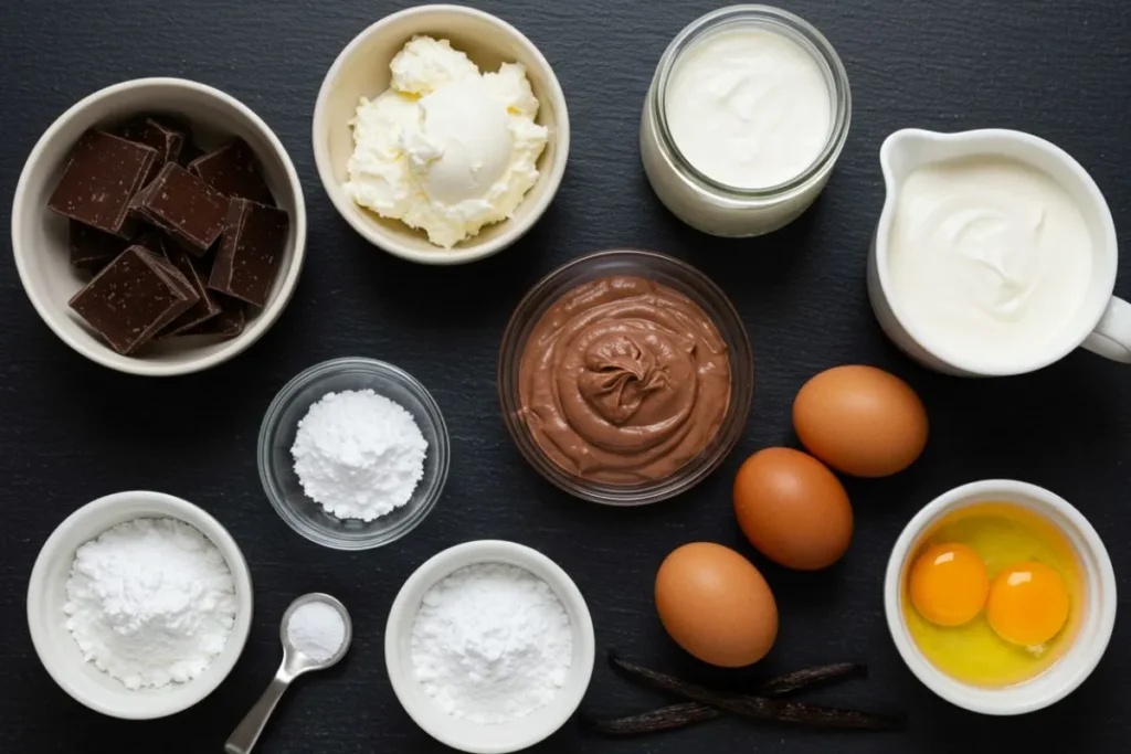 ingredients for chocolate mascarpone mousse on a black table, including dark chocolate, mascarpone, cream, sugar, eggs, and vanilla.