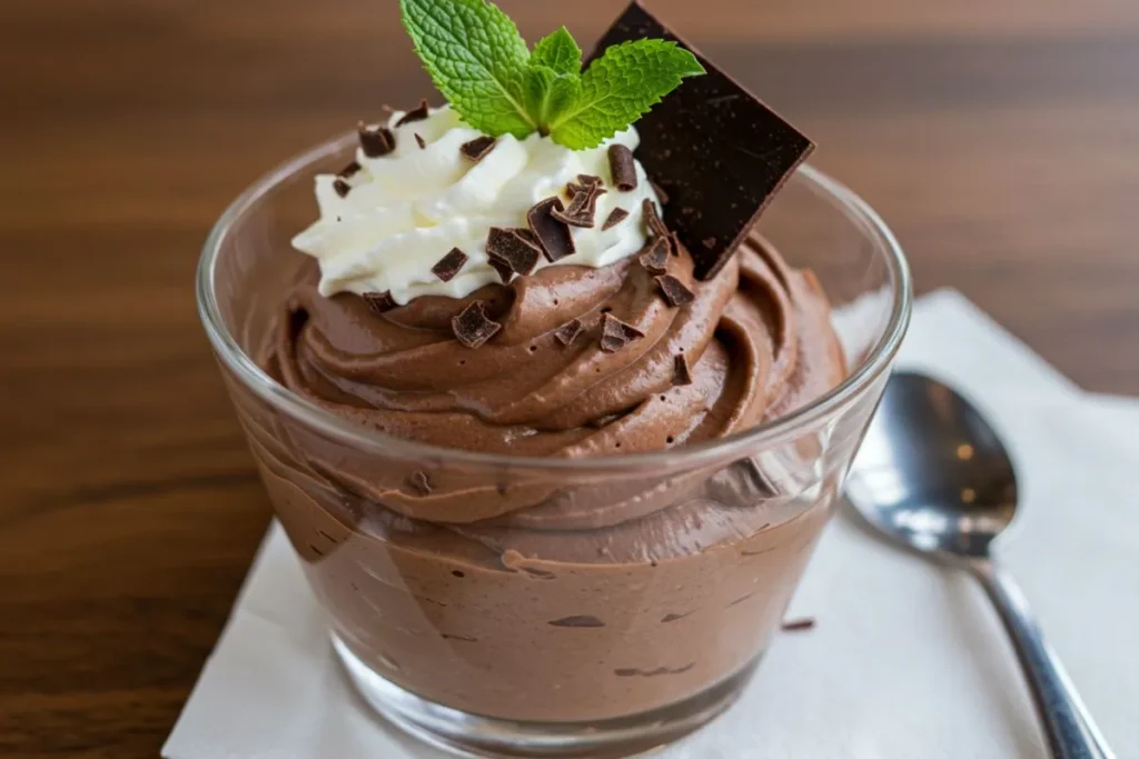 chocolate mascarpone mousse served in clear dessert cups, garnished with chocolate shavings and mint