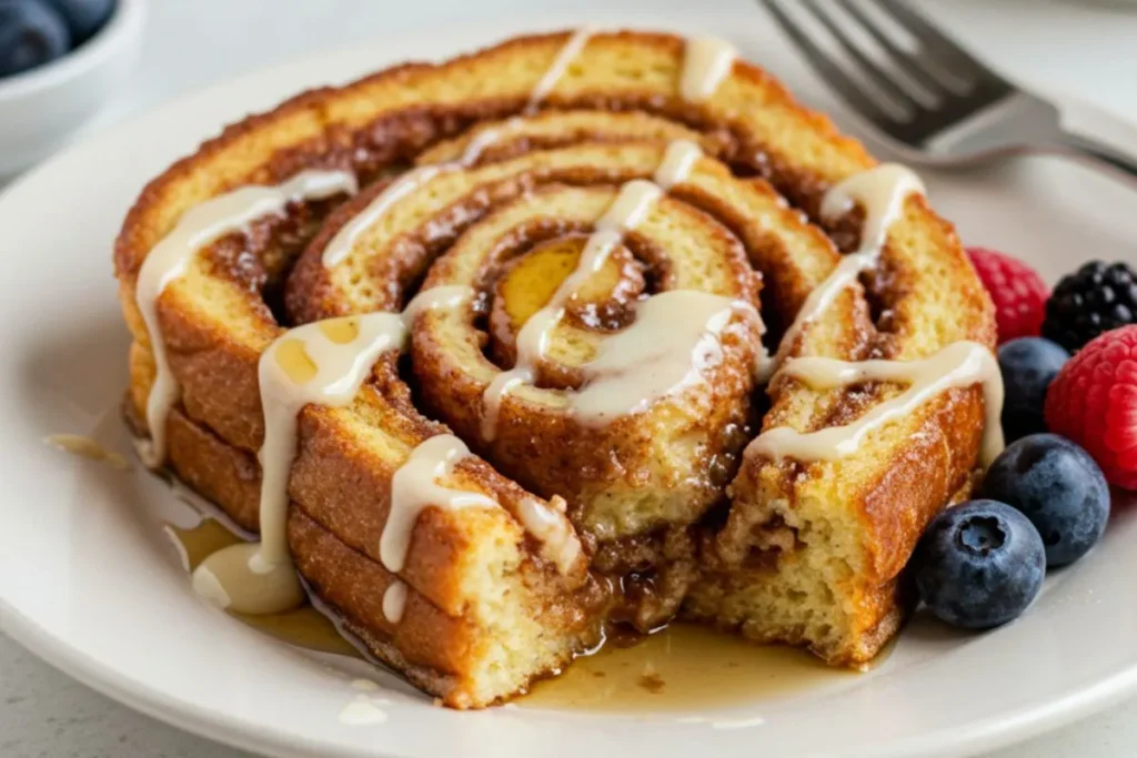 Cinnamon Roll French Toast with cream cheese glaze on a modern white table