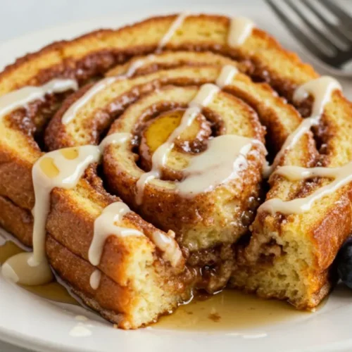 Cinnamon Roll French Toast with cream cheese glaze on a modern white table