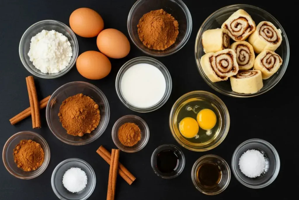 ingredients for Cinnamon Roll French Toast on a black table.