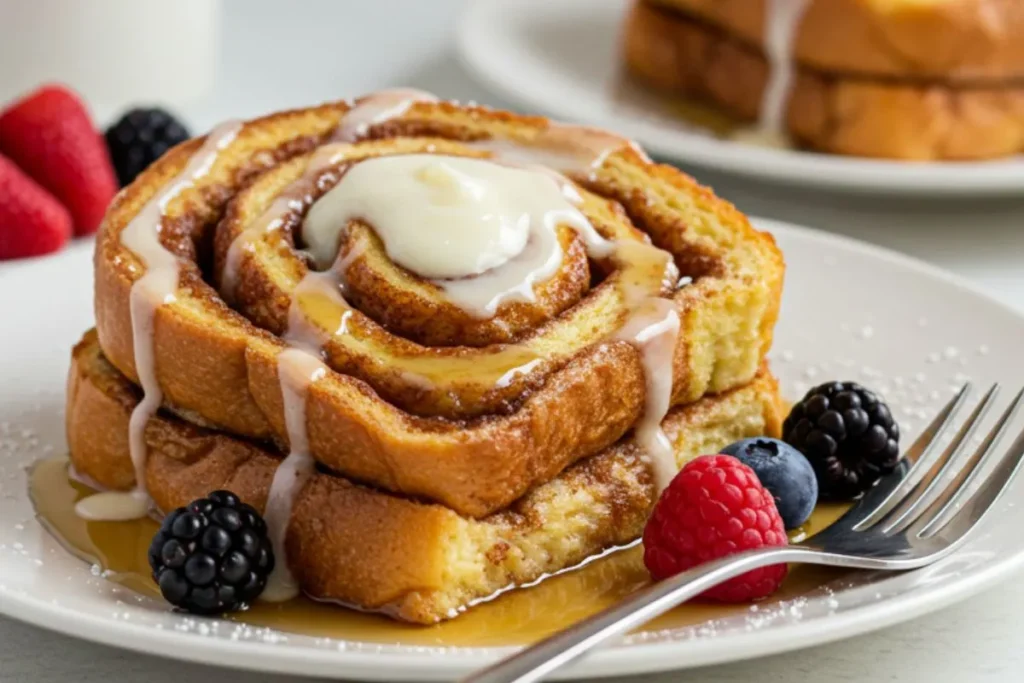 Cinnamon Roll French Toast with cream cheese glaze and some berries on a modern white table