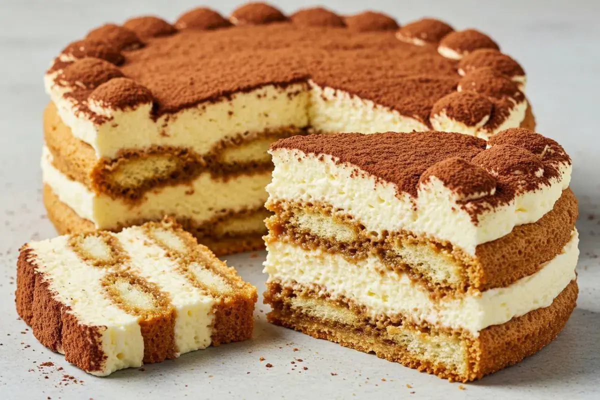 a sliced piece of Classic Tiramisu Cake showing layered mascarpone and coffee-soaked ladyfingers.