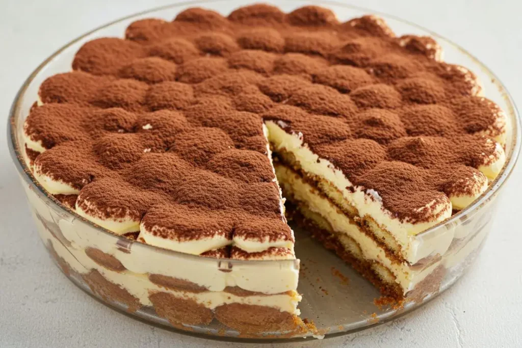 a whole Classic Tiramisu Cake in a round glass dish with cocoa powder dusting.