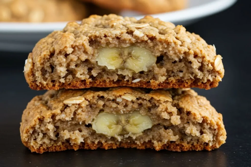 a broken banana oatmeal cookie showing moist filling with oats and banana on a black table