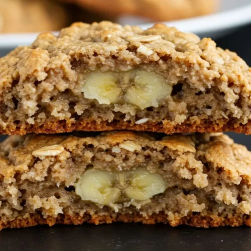 a broken banana oatmeal cookie showing moist filling with oats and banana on a black table