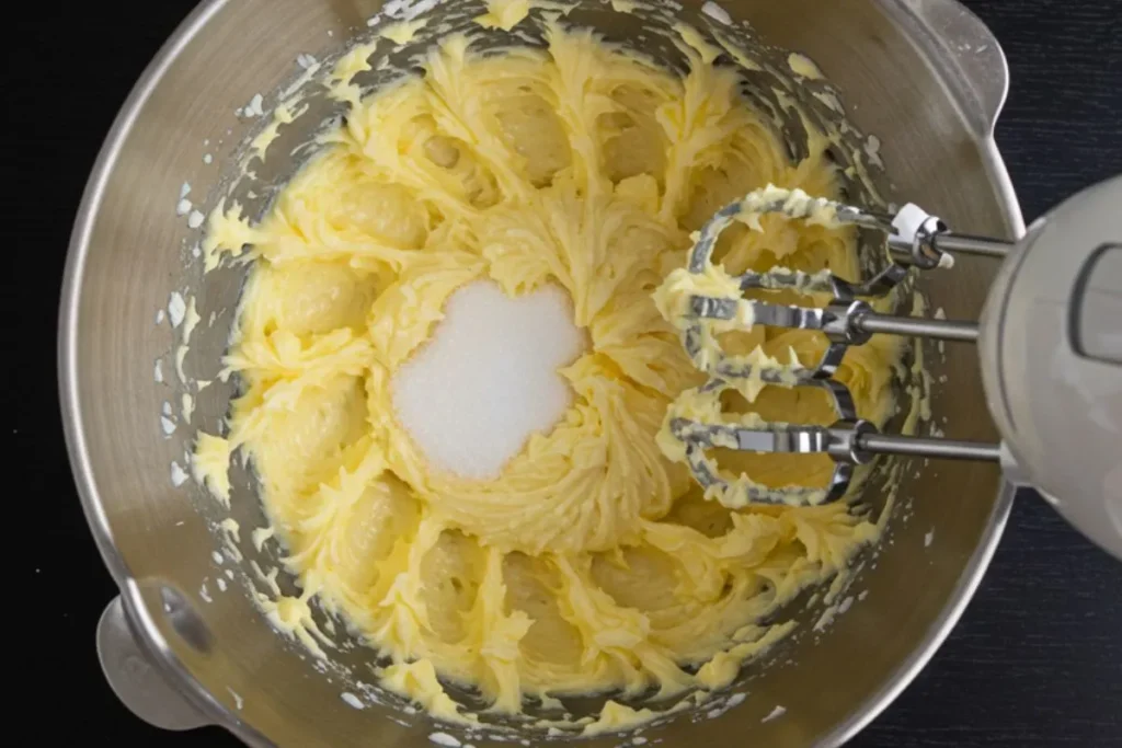 butter and sugar being creamed in a bowl with a hand mixer on a black table.