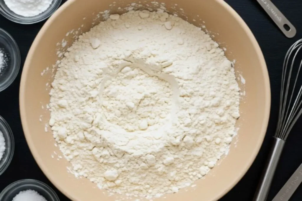 sifted flour, baking powder, and salt in a mixing bowl on a black table.