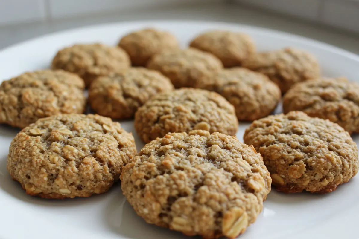 healthy banana oatmeal cookies on a white plate, photographed from above