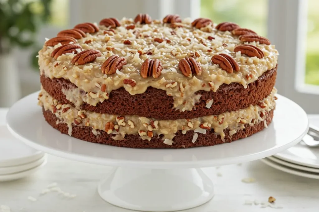 a homemade German chocolate cake with coconut-pecan frosting on a white cake stand, brightly lit with natural light.