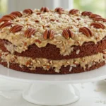 a homemade German chocolate cake with coconut-pecan frosting on a white cake stand, brightly lit with natural light.