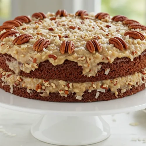 a homemade German chocolate cake with coconut-pecan frosting on a white cake stand, brightly lit with natural light.