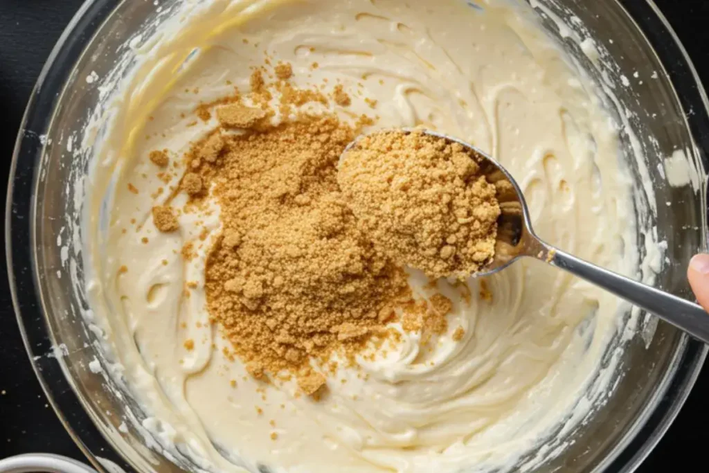 graham cracker crumbs being added to the cheesecake mixture in a bowl.