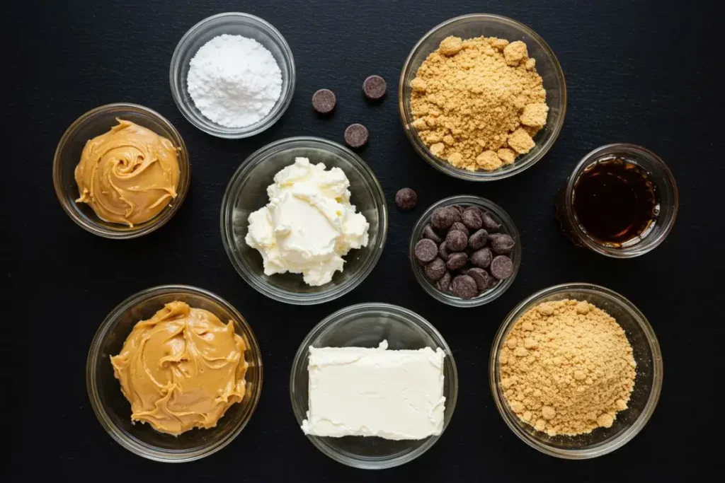 ingredients for No-Bake Peanut Butter Cheesecake Balls on a black table, including peanut butter, cream cheese, and chocolate chips.