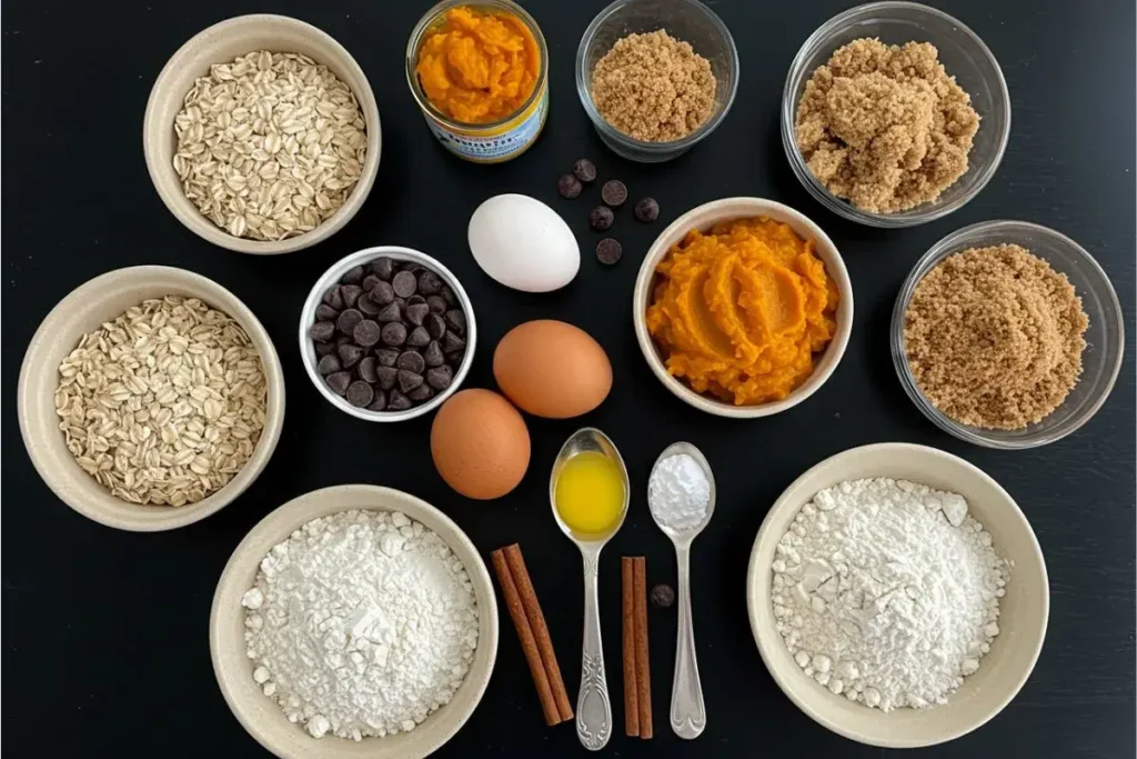 Top-down view of bright and clean ingredients on a black table for making pumpkin chocolate chip oatmeal bars.