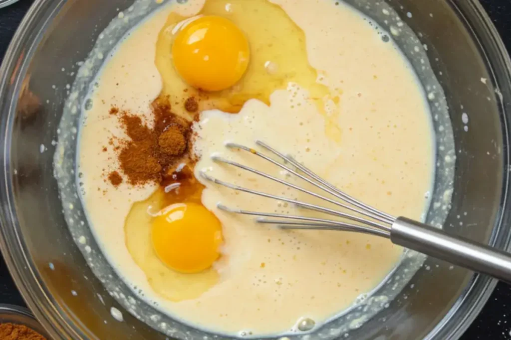 Eggs, milk, vanilla, and cinnamon being whisked in a bowl on a black table.