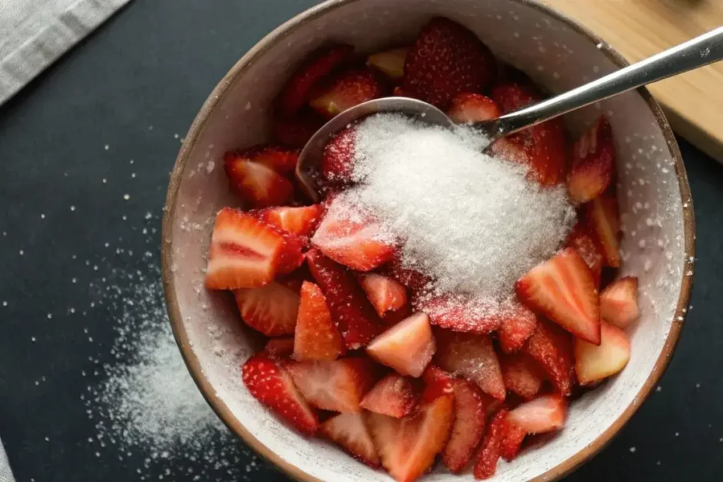 a bowl of chopped strawberries and sugar on a black table, ready for the filling.