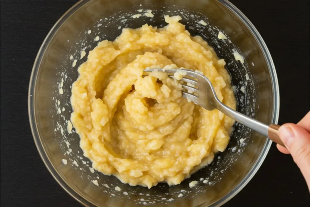 Top-down view of mashed bananas in a bowl with a fork on a clean black table.