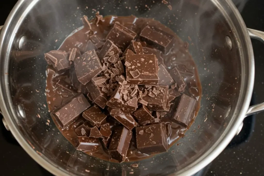 chopped chocolate melting in a glass bowl over a saucepan on a black table.