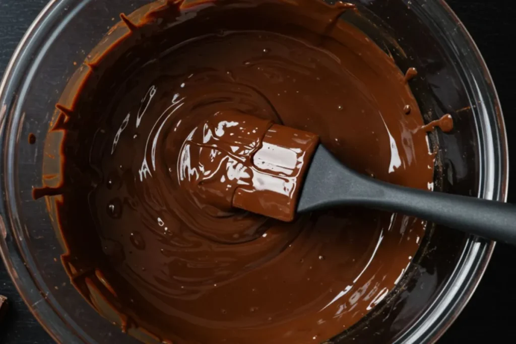 melted dark chocolate in a glass bowl with spatula on black table.