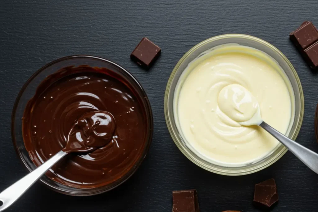 two bowls with melted dark, milk, and white chocolate on a black table.