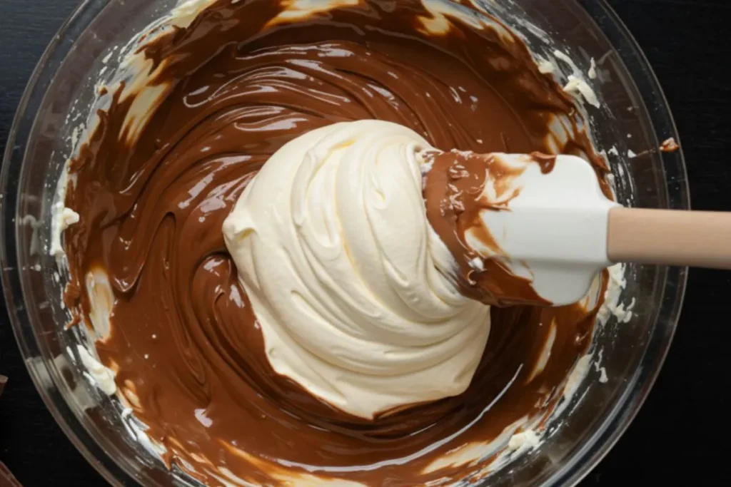 mascarpone being combined with melted chocolate in a bowl on black table.