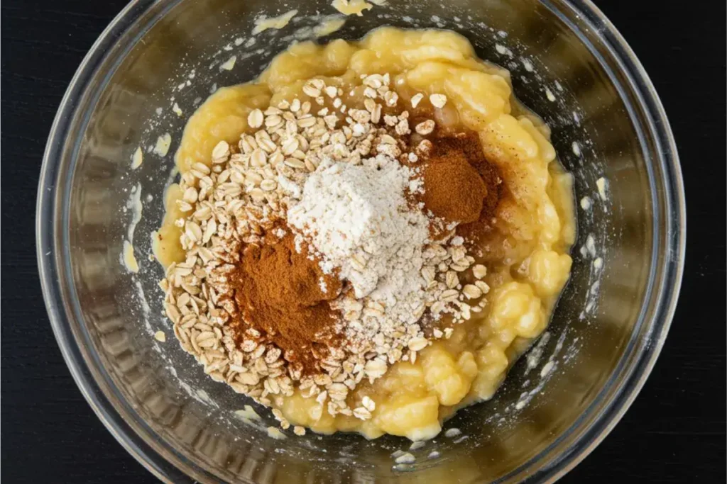 Overhead view of oats, cinnamon, and baking powder added to mashed bananas in a bowl on a black table