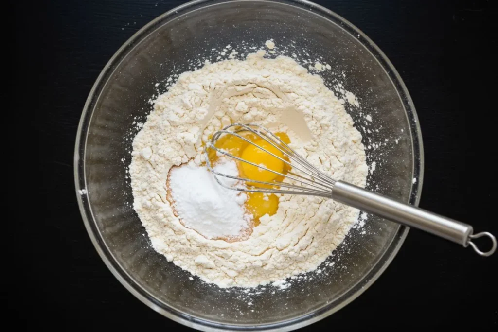 flour, baking soda, and salt being whisked in a bowl on a black table.