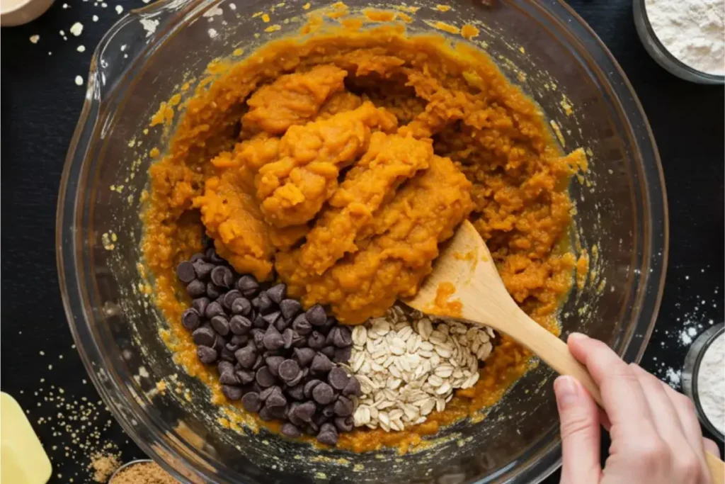 Top-down image showing the mixing process of pumpkin chocolate chip oatmeal bars with bright lighting on a clean black table.