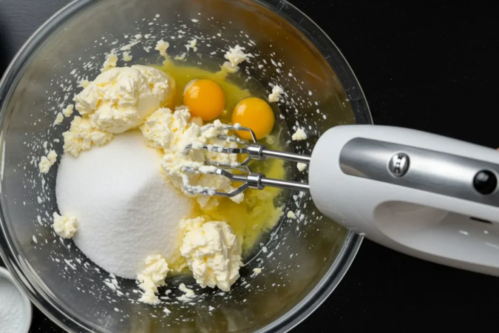a bowl with cream cheese, sugar, and eggs being blended with a hand mixer on a black table.
