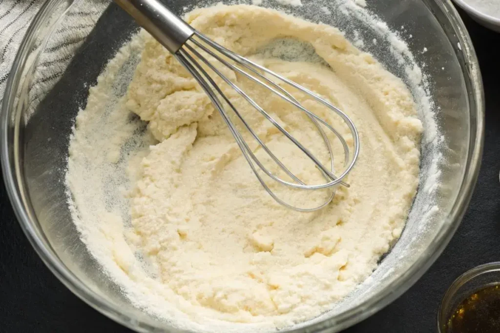sponge cake batter in a mixing bowl on a black table with baking ingredients nearby.