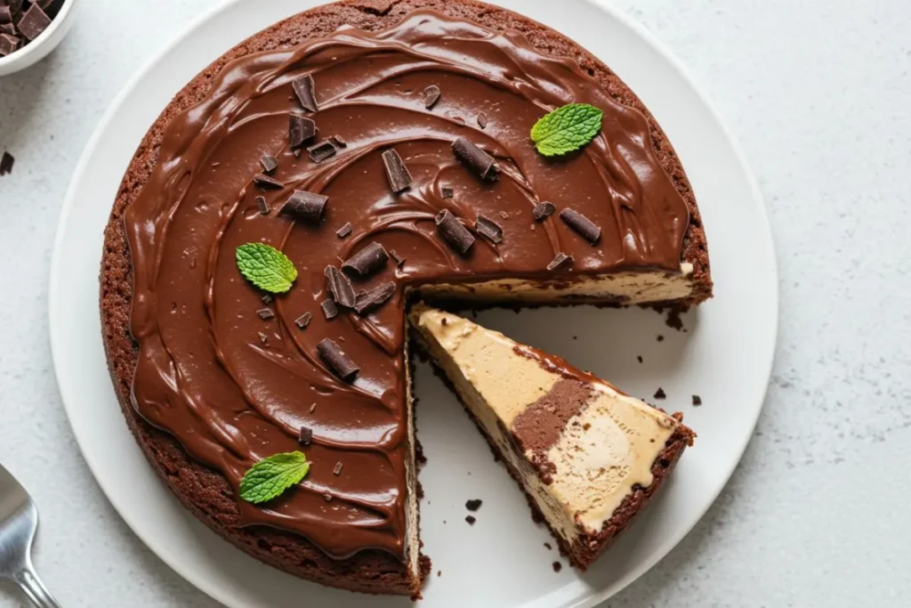 a Mocha Brownie Ice Cream Cake with chocolate ganache and mint garnish