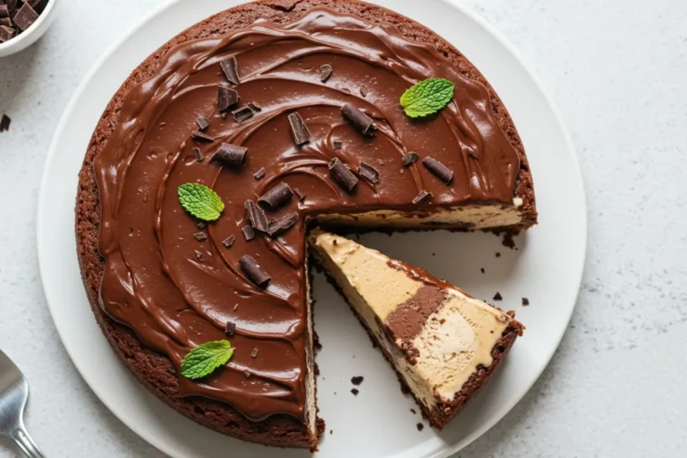 a Mocha Brownie Ice Cream Cake with chocolate ganache and mint garnish