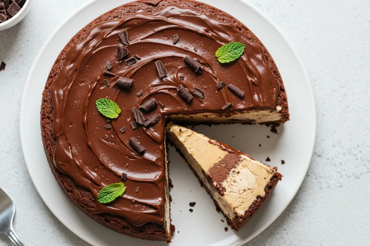 a Mocha Brownie Ice Cream Cake with chocolate ganache and mint garnish