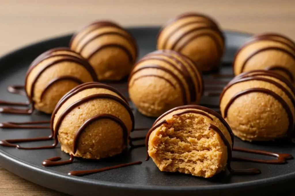 No-Bake Peanut Butter Cheesecake Balls neatly arranged on a matte black plate, drizzled with chocolate, on a wooden table.