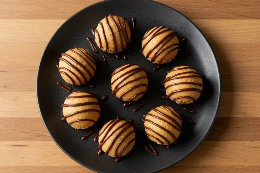 No-Bake Peanut Butter Cheesecake Balls neatly arranged on a matte black plate, drizzled with chocolate, on a wooden table.